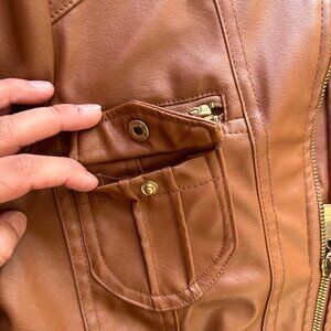 Women Vintage Style Brown Biker Leather Jacket with Pockets